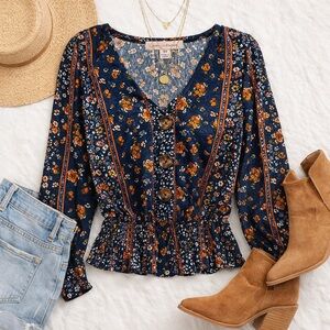 Chase Fame Boho Floral Button Blouse Navy Cottagecore Top M